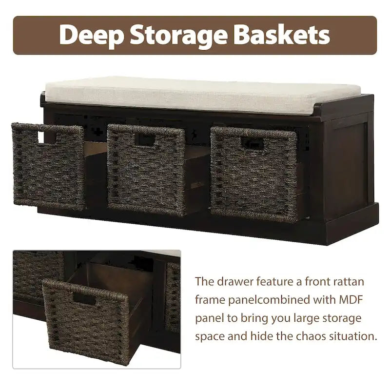 Rustic Storage Bench with 3 Removable Classic Rattan Baskets, Entryway Bench with Removable Cushion