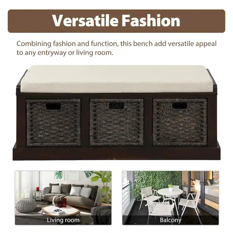Rustic Storage Bench with 3 Removable Classic Rattan Baskets, Entryway Bench with Removable Cushion