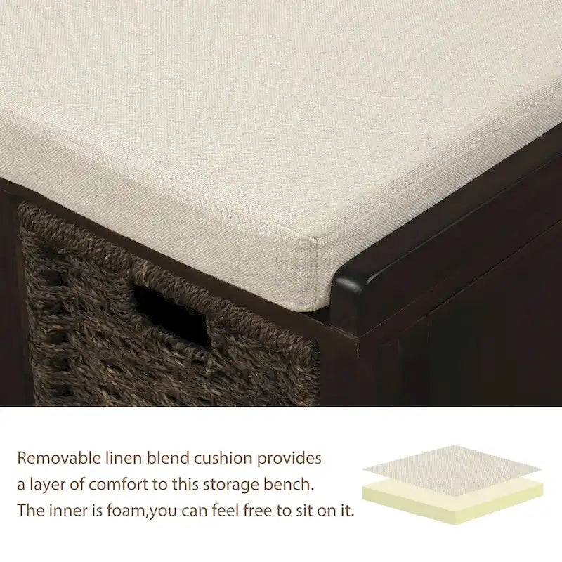 Rustic Storage Bench with 3 Removable Classic Rattan Baskets, Entryway Bench with Removable Cushion