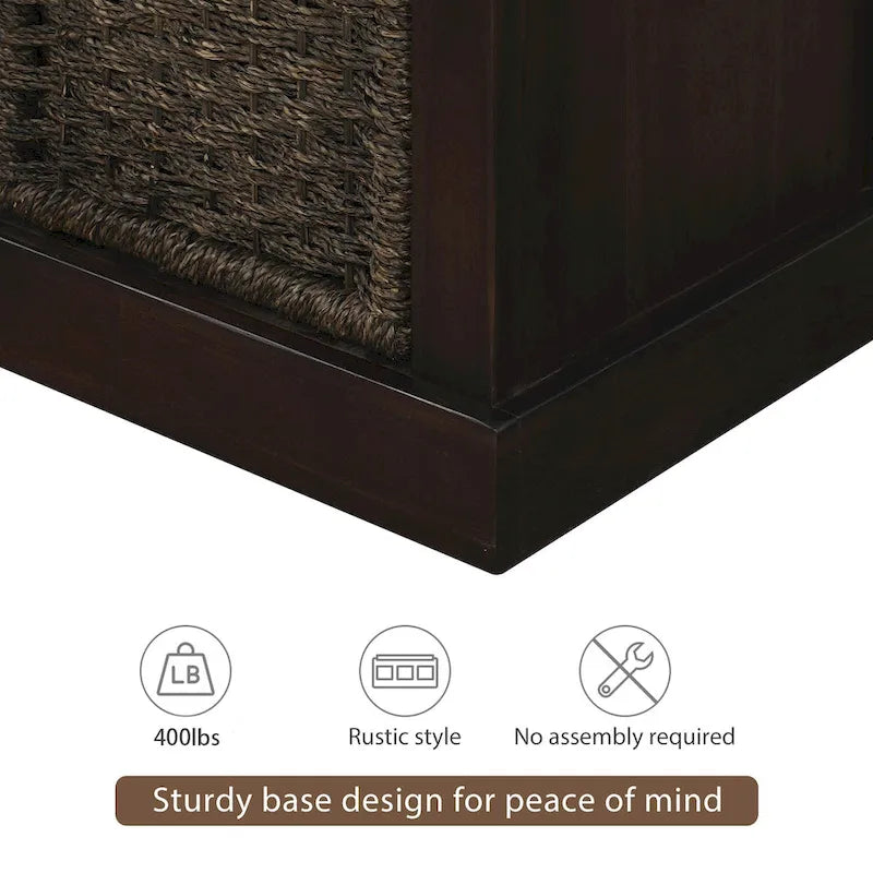 Rustic Storage Bench with 3 Removable Classic Rattan Baskets, Entryway Bench with Removable Cushion
