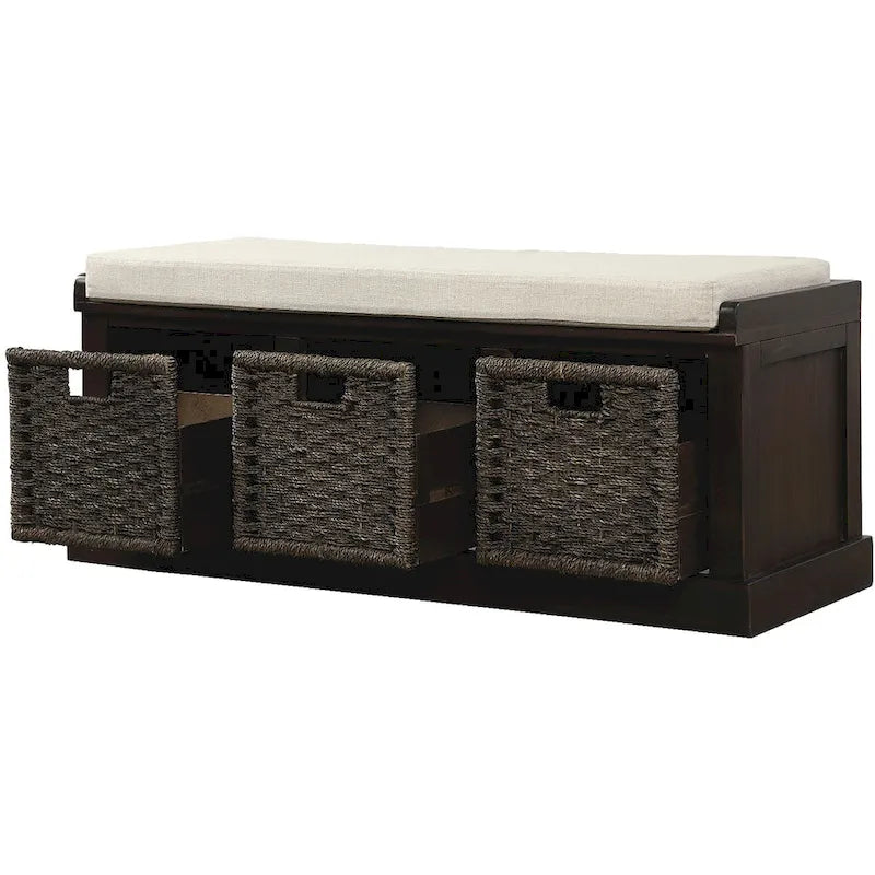 Rustic Storage Bench with 3 Removable Classic Rattan Baskets, Entryway Bench with Removable Cushion