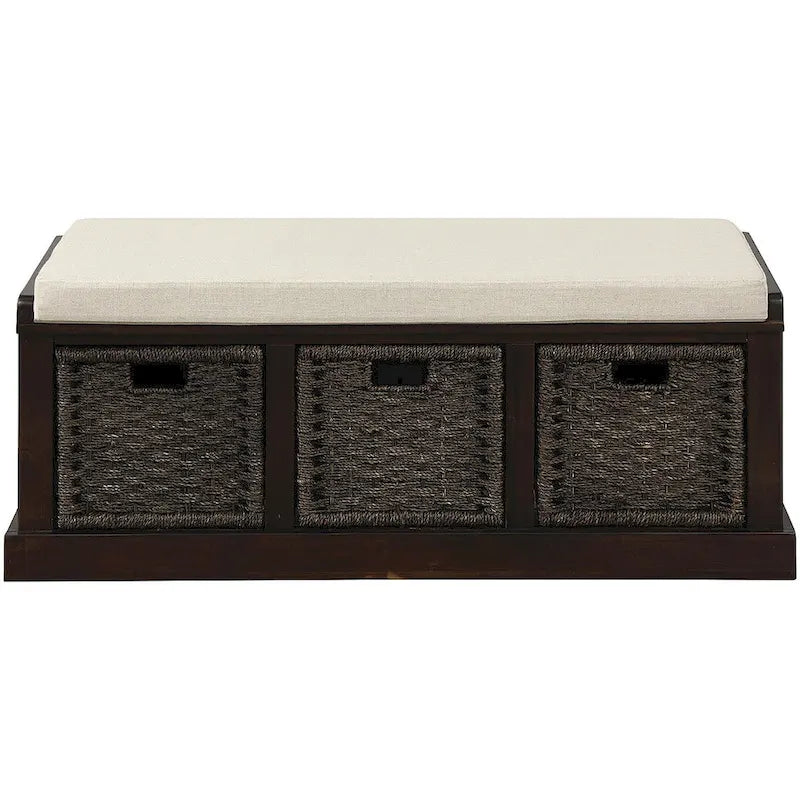 Rustic Storage Bench with 3 Removable Classic Rattan Baskets, Entryway Bench with Removable Cushion