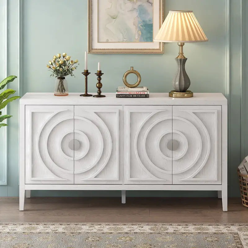 Retro-Sideboard mit kreisförmigem Rillendesign und rundem Metall-Türgriff