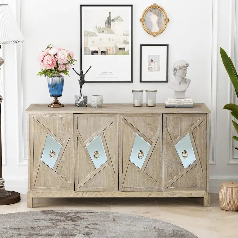 Modern 4-Door Cabinet Sideboard Buffet with Mirrored Decorative Doors