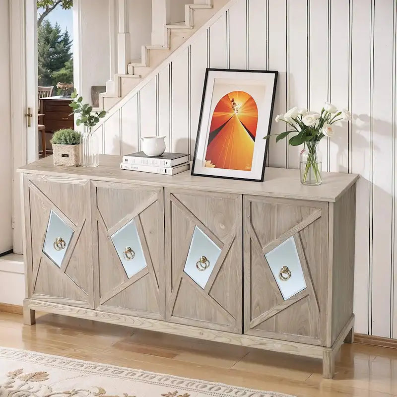 Modern 4-Door Cabinet Sideboard Buffet with Mirrored Decorative Doors