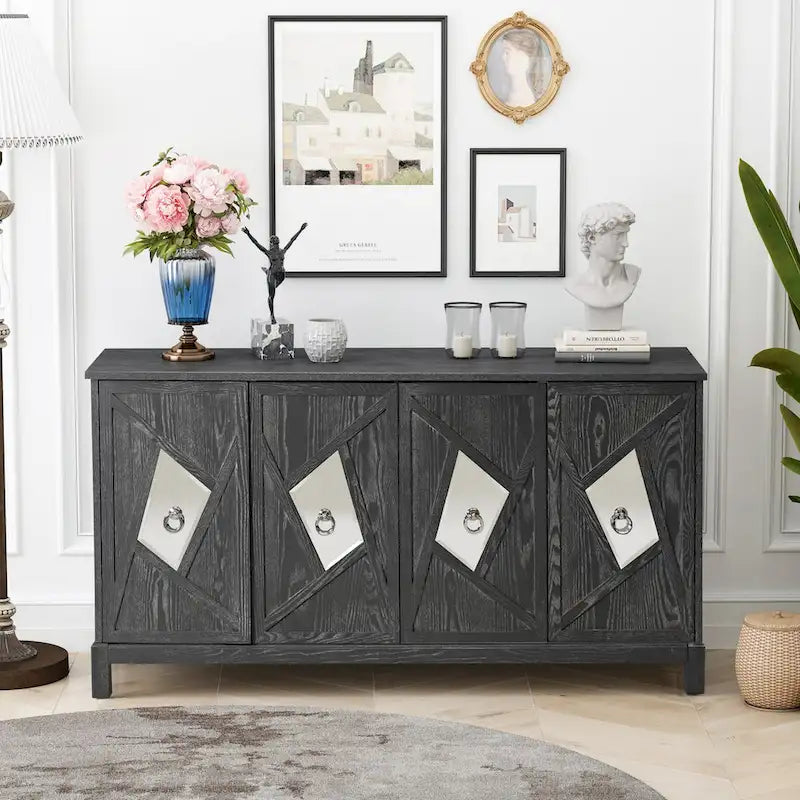 Modern 4-Door Cabinet Sideboard Buffet with Mirrored Decorative Doors