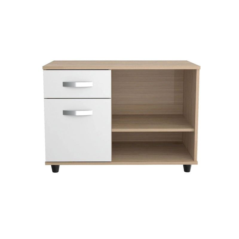 Office Console with Sand Oak White Laminate, Drawer and Open Shelves
