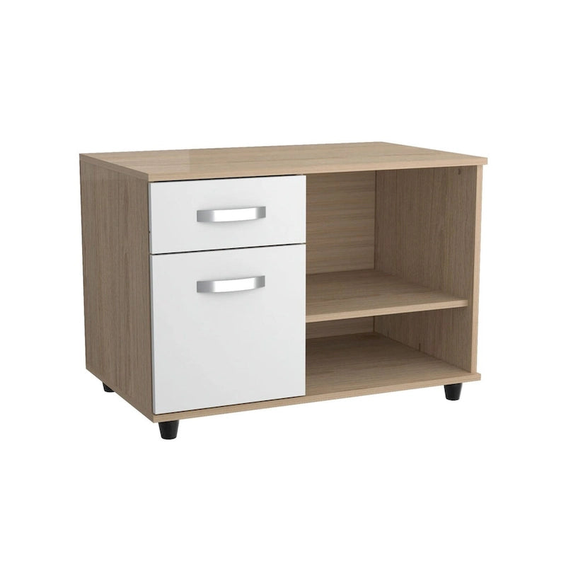 Office Console with Sand Oak White Laminate, Drawer and Open Shelves
