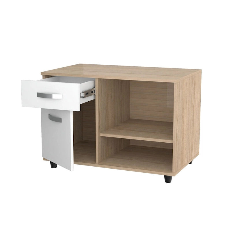 Office Console with Sand Oak White Laminate, Drawer and Open Shelves