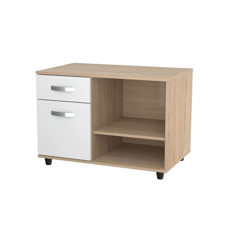 Office Console with Sand Oak White Laminate, Drawer and Open Shelves