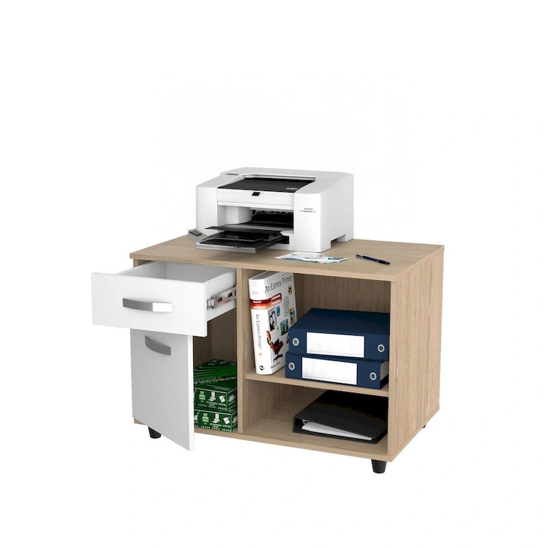Office Console with Sand Oak White Laminate, Drawer and Open Shelves
