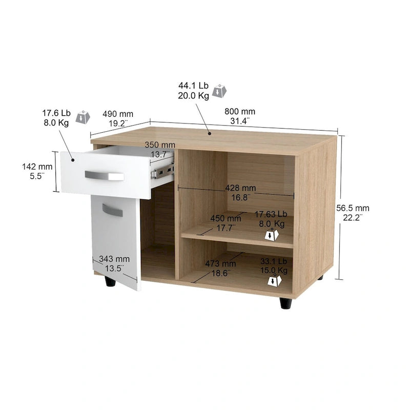 Office Console with Sand Oak White Laminate, Drawer and Open Shelves