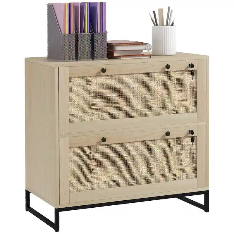 2 Drawer File Cabinet with Lock and Keys, Rattan Drawers and Adjustable Hanging Bar for Letter, A4 and Legal Size Paper, Natural