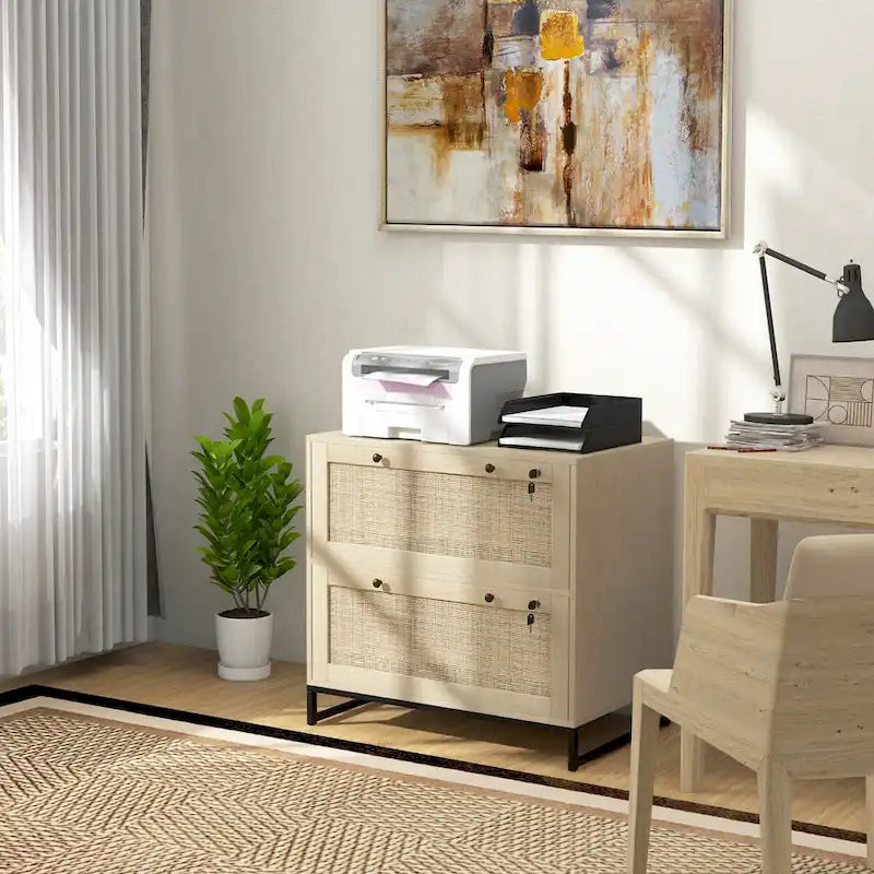 2 Drawer File Cabinet with Lock and Keys, Rattan Drawers and Adjustable Hanging Bar for Letter, A4 and Legal Size Paper, Natural