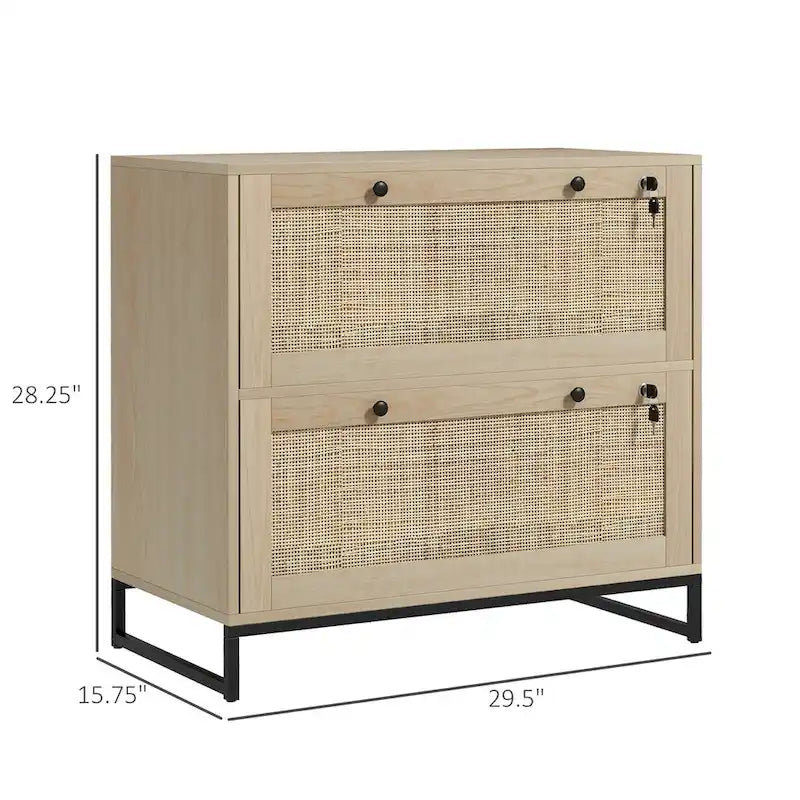 2 Drawer File Cabinet with Lock and Keys, Rattan Drawers and Adjustable Hanging Bar for Letter, A4 and Legal Size Paper, Natural