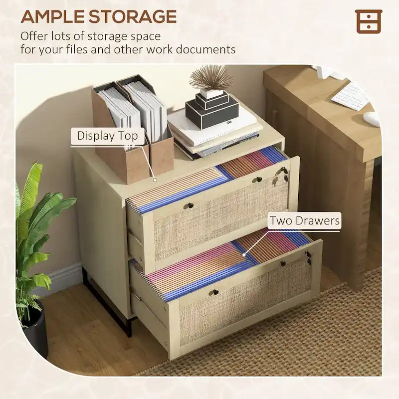 2 Drawer File Cabinet with Lock and Keys, Rattan Drawers and Adjustable Hanging Bar for Letter, A4 and Legal Size Paper, Natural