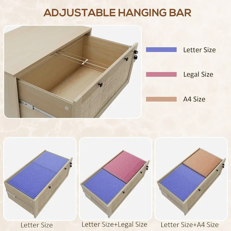 2 Drawer File Cabinet with Lock and Keys, Rattan Drawers and Adjustable Hanging Bar for Letter, A4 and Legal Size Paper, Natural