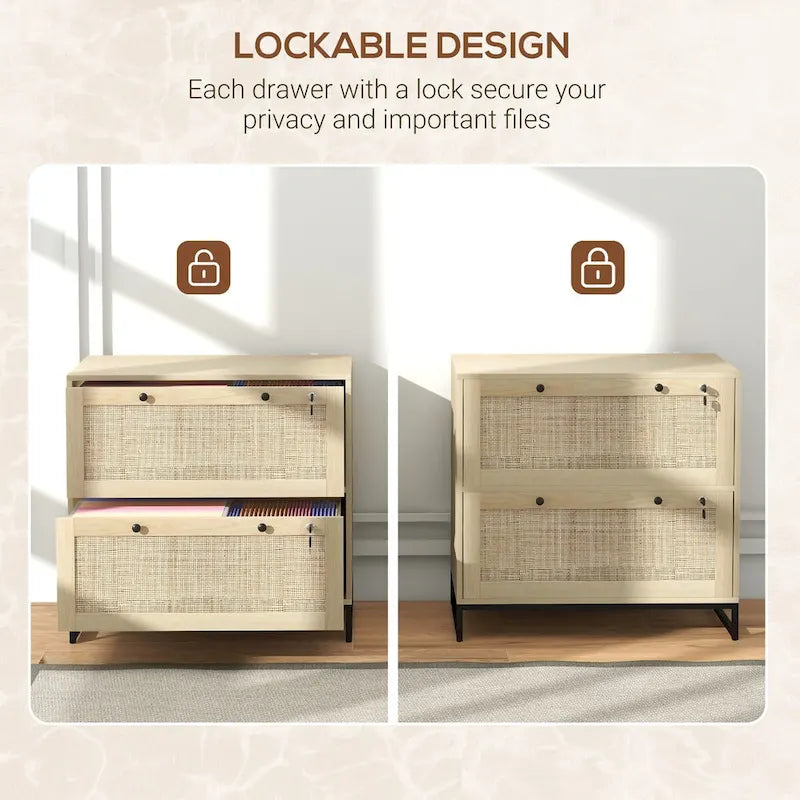 2 Drawer File Cabinet with Lock and Keys, Rattan Drawers and Adjustable Hanging Bar for Letter, A4 and Legal Size Paper, Natural