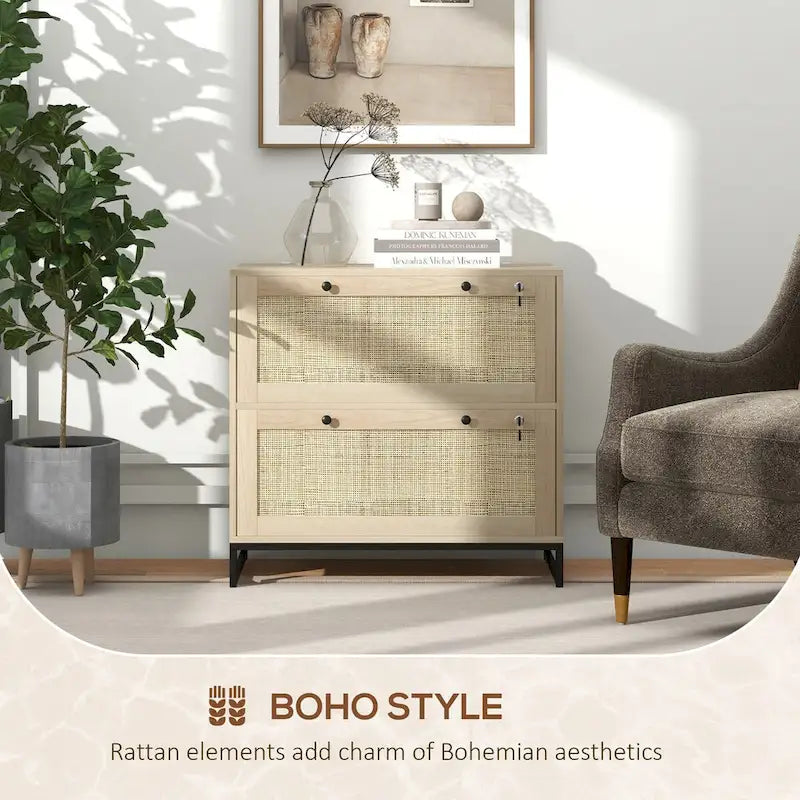 2 Drawer File Cabinet with Lock and Keys, Rattan Drawers and Adjustable Hanging Bar for Letter, A4 and Legal Size Paper, Natural