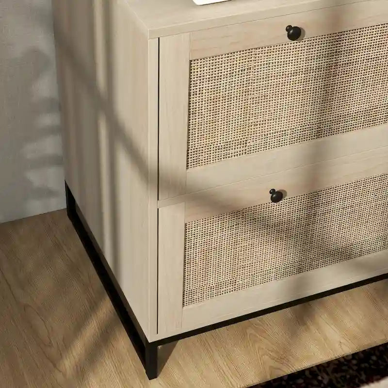 2 Drawer File Cabinet with Lock and Keys, Rattan Drawers and Adjustable Hanging Bar for Letter, A4 and Legal Size Paper, Natural