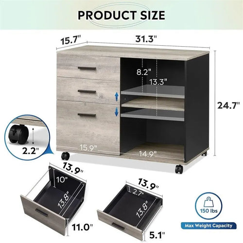 Holz-Aktenschrank mit 3 Schubladen - 15.7D x 31.3W x 24.7H