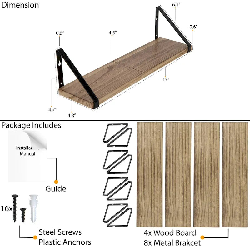 17 Inch Long, 4.5 Deep Wooden Floating Shelves, Shelf for Kitchen