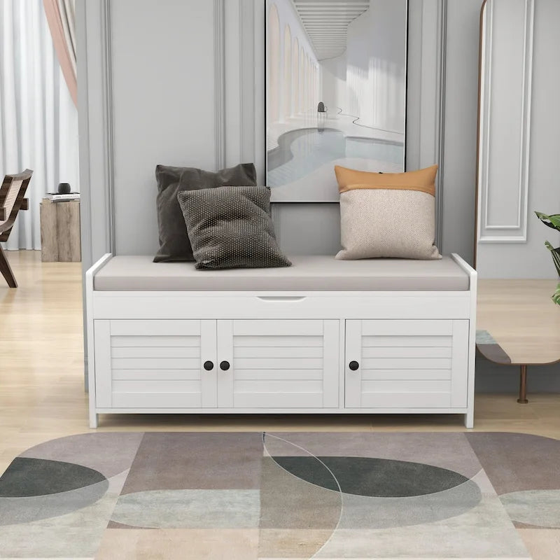 Banc de rangement à 3 portes façon persienne, banc à chaussures avec coussin amovible et espace de rangement dissimulé