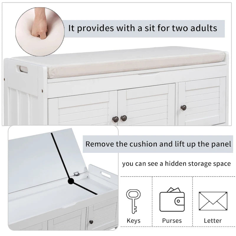 Banc de rangement à 3 portes façon persienne, banc à chaussures avec coussin amovible et espace de rangement dissimulé