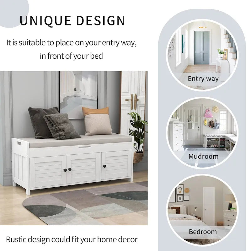 Banc de rangement à 3 portes façon persienne, banc à chaussures avec coussin amovible et espace de rangement dissimulé