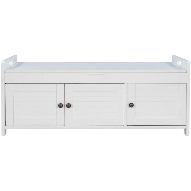 Banc de rangement à 3 portes façon persienne, banc à chaussures avec coussin amovible et espace de rangement dissimulé