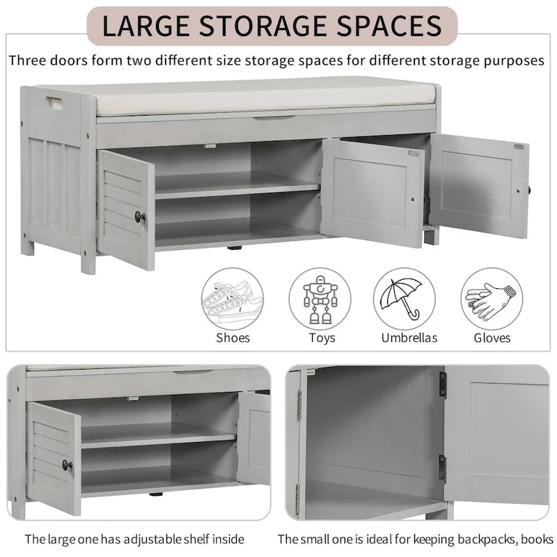 Banc de rangement à 3 portes façon persienne, banc à chaussures avec coussin amovible et espace de rangement dissimulé
