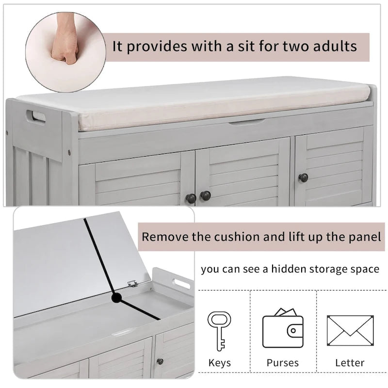 Banc de rangement à 3 portes façon persienne, banc à chaussures avec coussin amovible et espace de rangement dissimulé