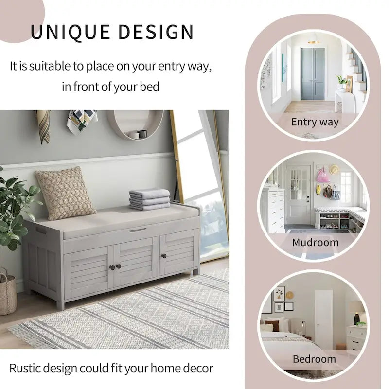 Banc de rangement à 3 portes façon persienne, banc à chaussures avec coussin amovible et espace de rangement dissimulé