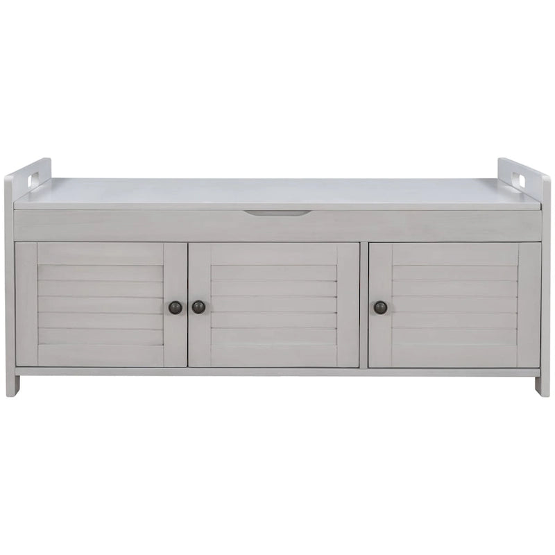 Banc de rangement à 3 portes façon persienne, banc à chaussures avec coussin amovible et espace de rangement dissimulé