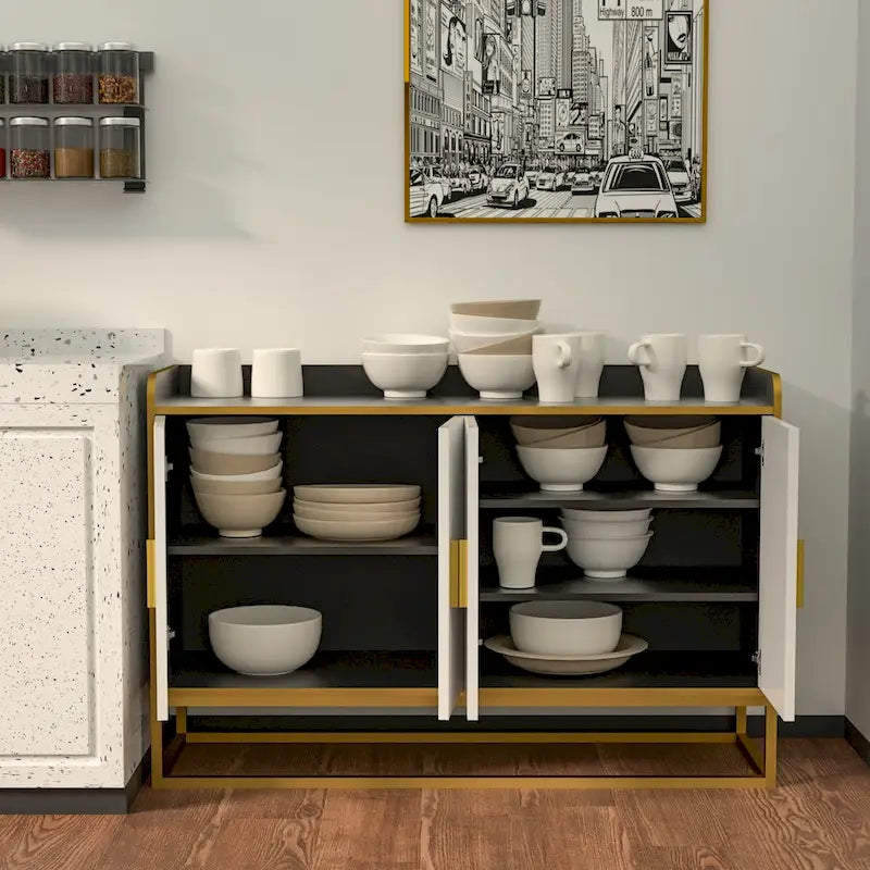 Modernes Aufbewahrungssideboard mit Hochglanzoberfläche und Metallbeinen für Wohnzimmer und Küche (Schwarz)