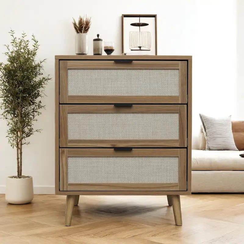 Schrank mit 3 Schubladen, geeignet für Schlafzimmer, Natur-Rattan und Spandex-Seide, Wohnzimmer, Arbeitszimmer