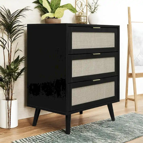 Schrank mit 3 Schubladen, geeignet für Schlafzimmer, Natur-Rattan und Spandex-Seide, Wohnzimmer, Arbeitszimmer