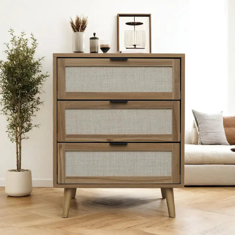 Schrank mit 3 Schubladen, geeignet für Schlafzimmer, Natur-Rattan und Spandex-Seide, Wohnzimmer, Arbeitszimmer