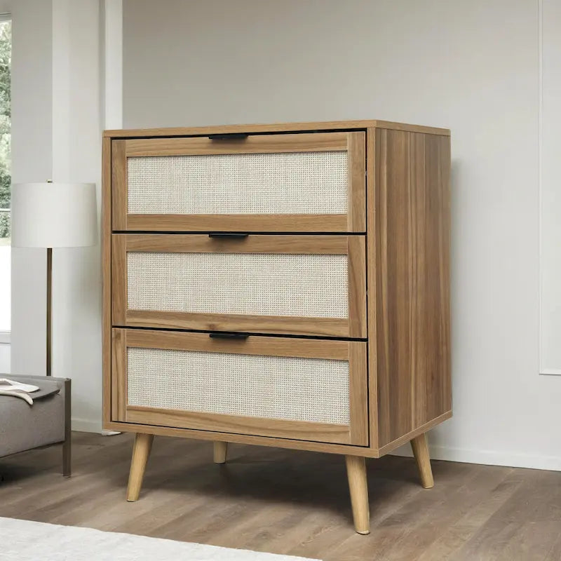 Schrank mit 3 Schubladen, geeignet für Schlafzimmer, Natur-Rattan und Spandex-Seide, Wohnzimmer, Arbeitszimmer