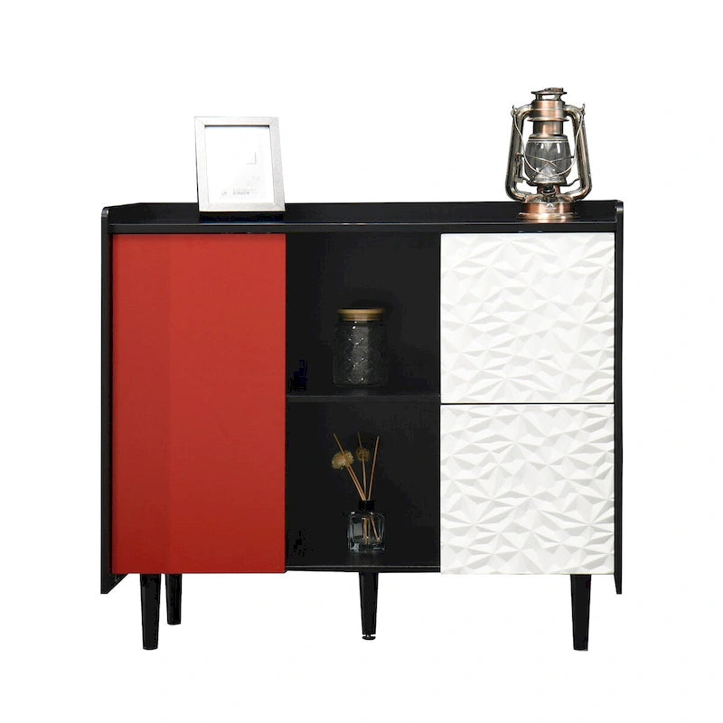 Sideboard-Buffetschrank, schwarzer Aufbewahrungsschrank mit roten Türen, 2 Schubladen und 2 offenen Ablagefächern