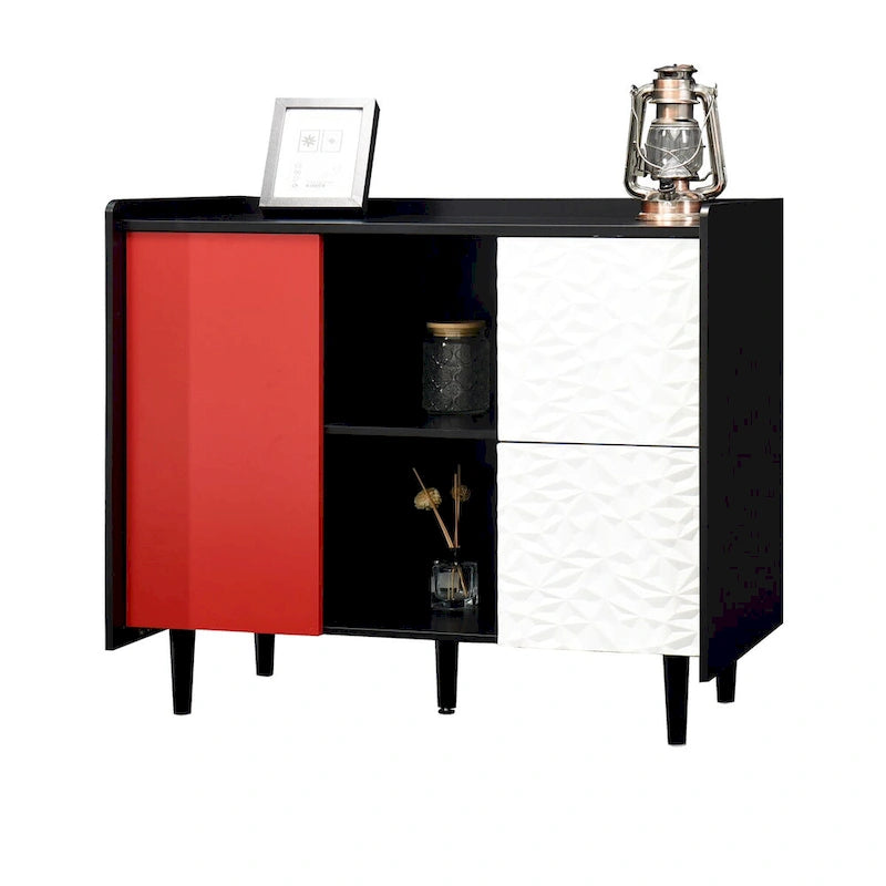 Sideboard-Buffetschrank, schwarzer Aufbewahrungsschrank mit roten Türen, 2 Schubladen und 2 offenen Ablagefächern
