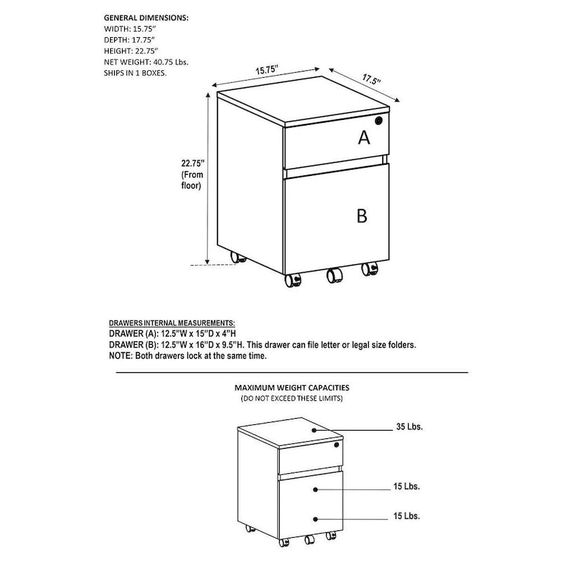 Office Rolling Two Drawer Storage File Cabinet with Lock