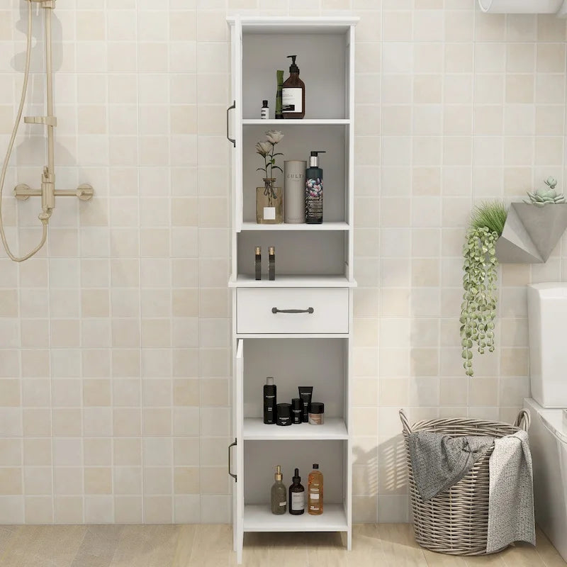 Armoire de rangement de salle de bains haute, à deux portes, étroite et fine, sur pied
