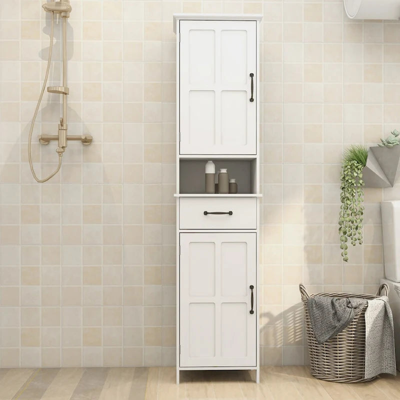 Armoire de rangement de salle de bains haute, à deux portes, étroite et fine, sur pied