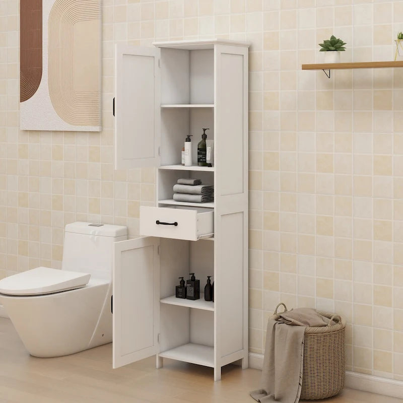 Armoire de rangement de salle de bains haute, à deux portes, étroite et fine, sur pied