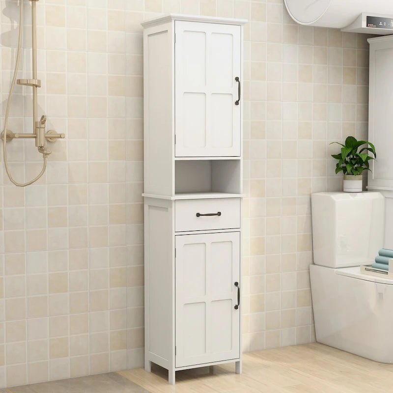 Mobile contenitore alto da bagno, a doppia anta, stretto e sottile, da pavimento