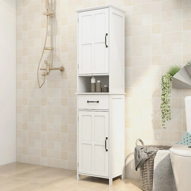 Mobile contenitore alto da bagno, a doppia anta, stretto e sottile, da pavimento