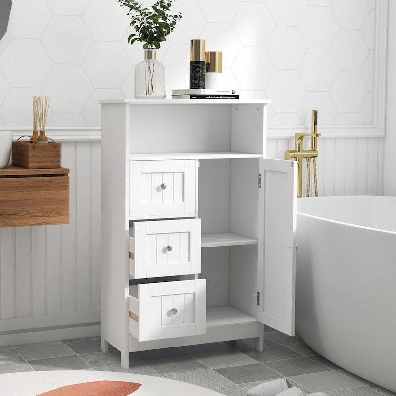 Armoire de rangement de salle de bains sur pied avec 3 tiroirs et 1 porte