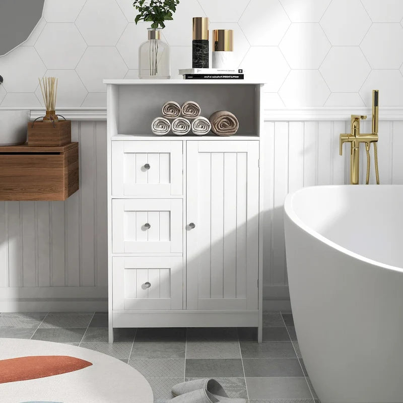 Armoire de rangement de salle de bains sur pied avec 3 tiroirs et 1 porte