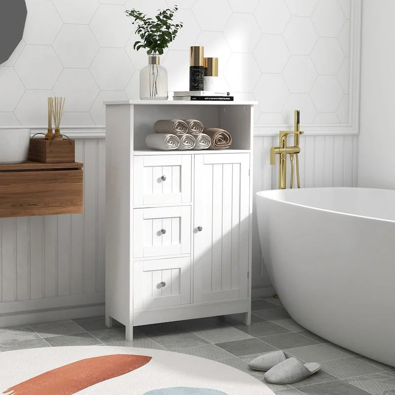 Armoire de rangement de salle de bains sur pied avec 3 tiroirs et 1 porte